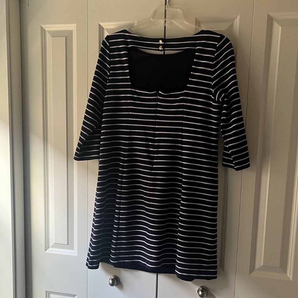 1901 Stripe Boat Neck Ponte Dress Nautical Navy Blue Long Sleeve Open Back, 16 - Picture 4 of 7